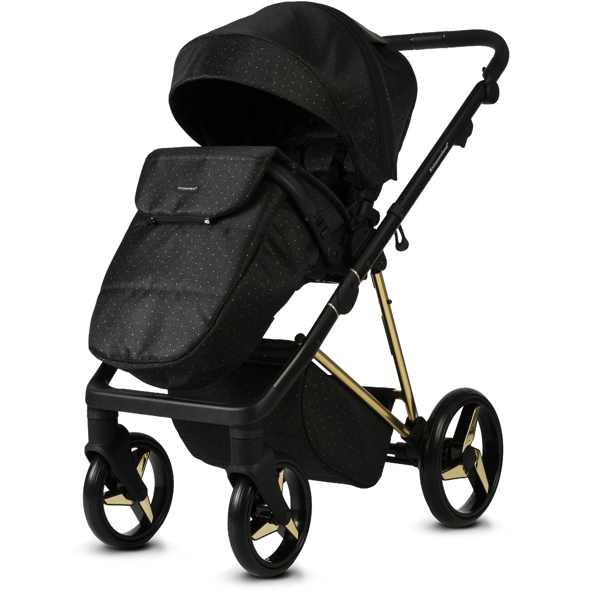 Luxus Kombi-Kinderwagen Milano Gold Schwarz – Limited Edition mit Galaxy Glitzerstoff & 3D Lack-Wanne