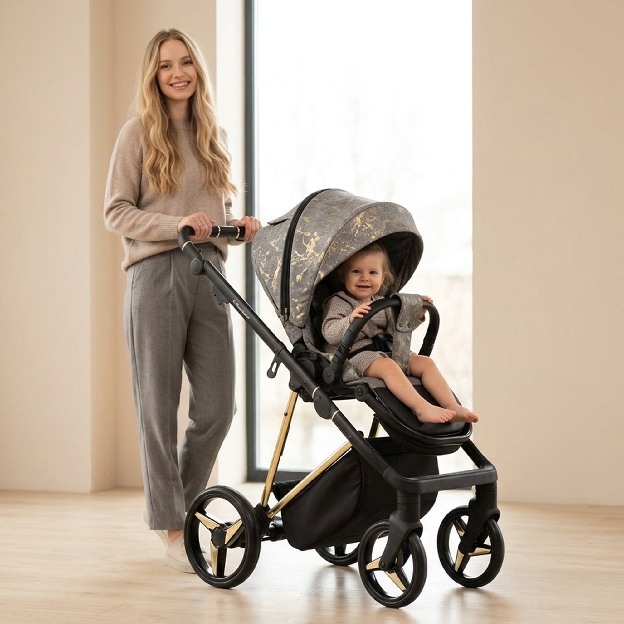 Luxus Kombi-Kinderwagen Milano Grau Gold – Limited Edition mit exklusiver Stoffstruktur