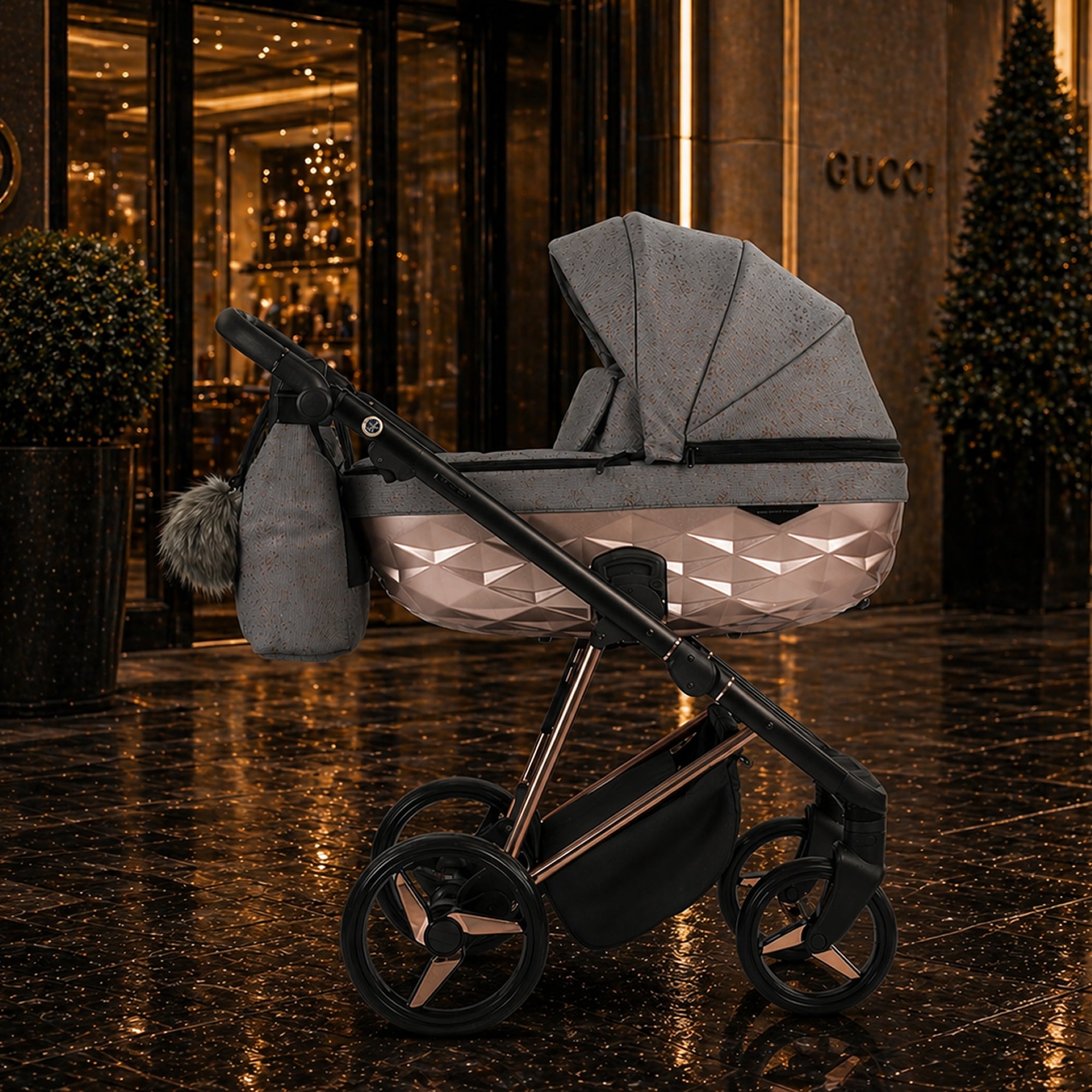Luxus Kombi-Kinderwagen Milano Grau Roségold – Limited Edition mit Glitzerstoff & 3D Lack-Wanne