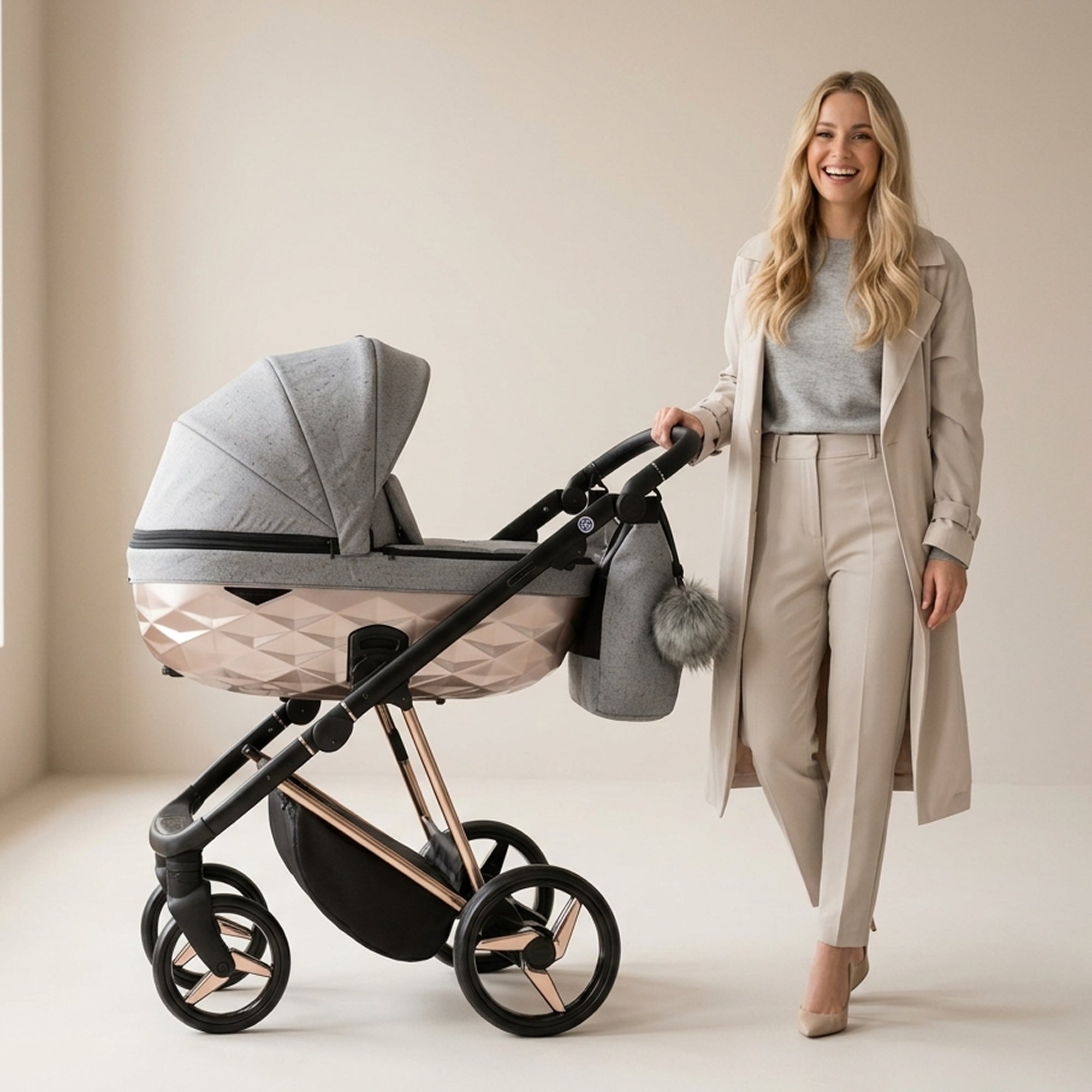 Luxus Kombi-Kinderwagen Milano Grau Roségold – Limited Edition mit Glitzerstoff & 3D Lack-Wanne