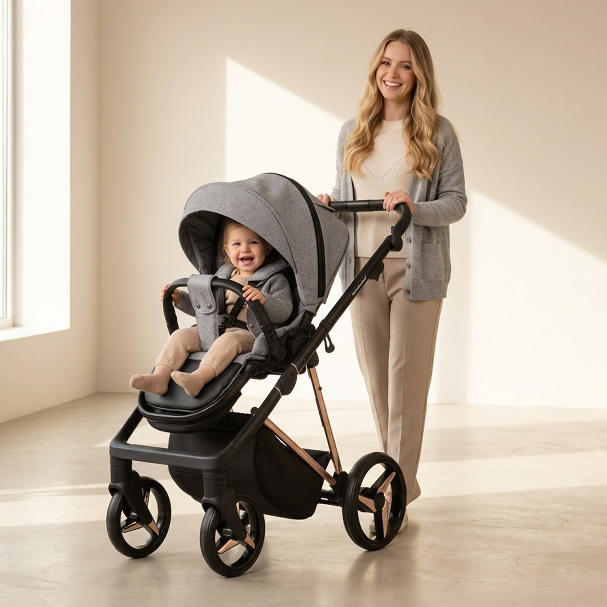 Luxus Kombi-Kinderwagen Milano Grau Roségold – Limited Edition mit Glitzerstoff & 3D Lack-Wanne