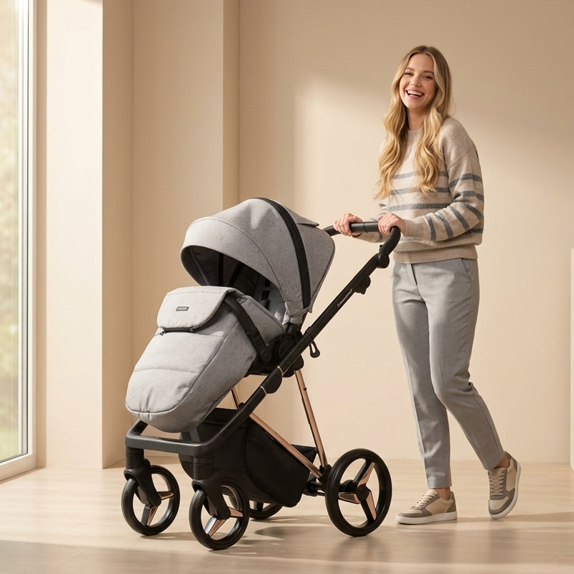 Luxus Kombi-Kinderwagen Milano Grau Roségold – Limited Edition mit Glitzerstoff & 3D Lack-Wanne
