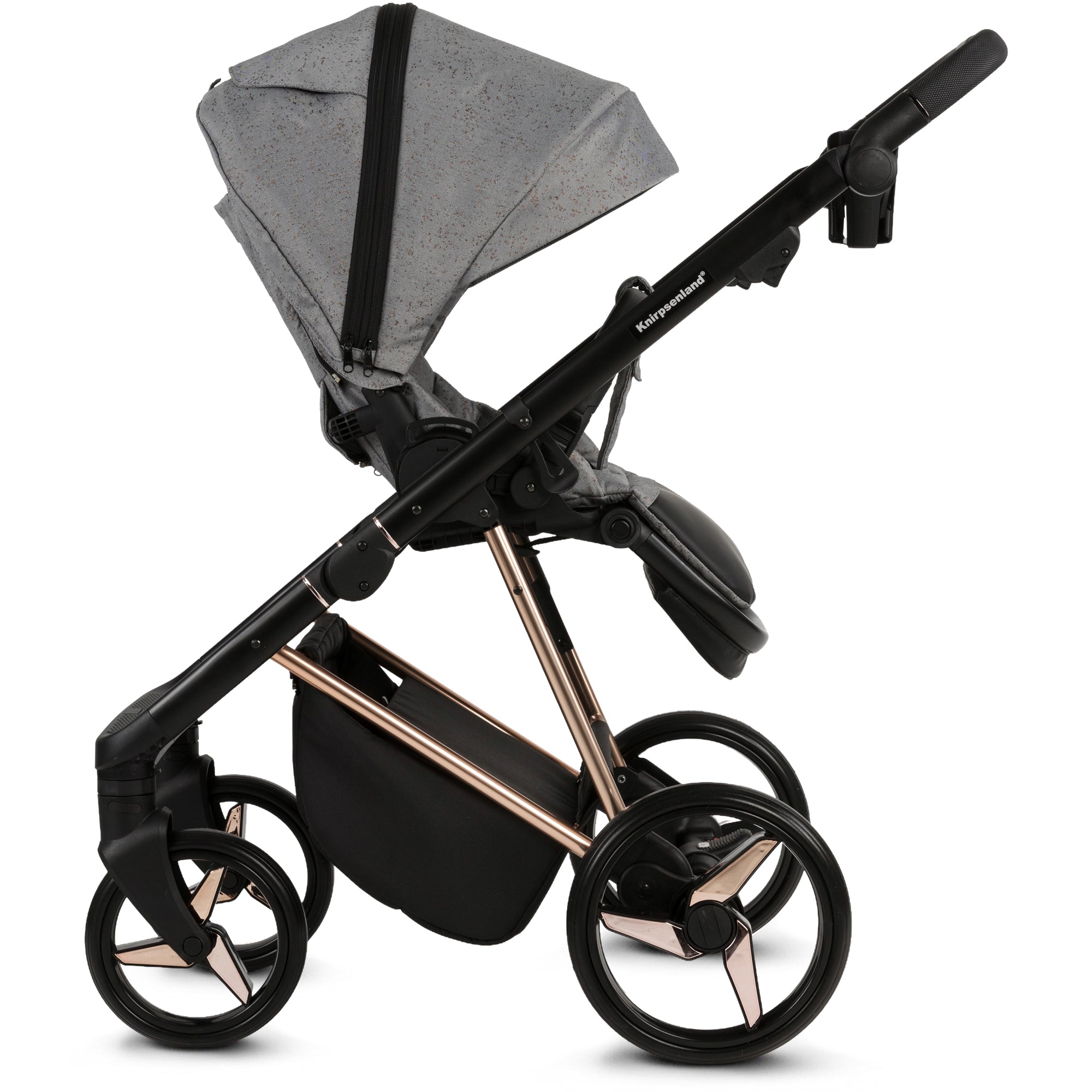 Luxus Kombi-Kinderwagen Milano Grau Roségold – Limited Edition mit Glitzerstoff & 3D Lack-Wanne