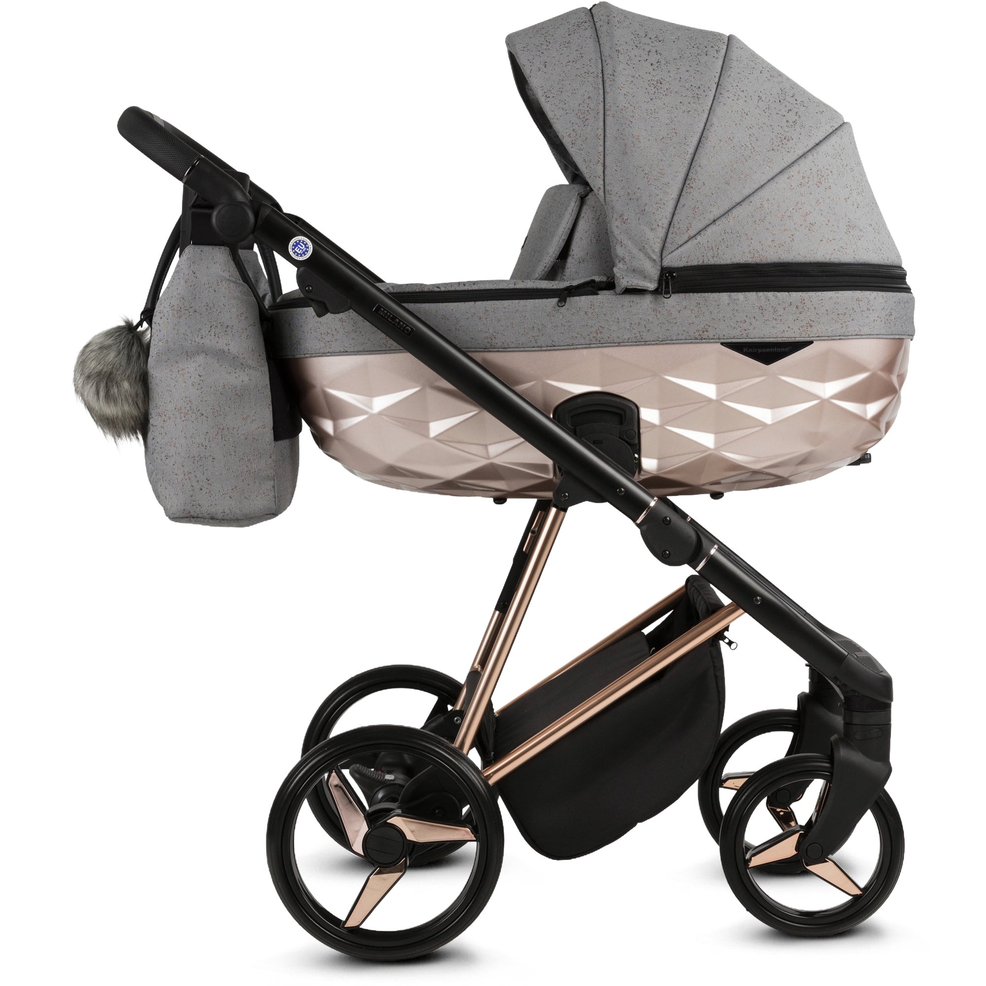 Luxus Kombi-Kinderwagen Milano Grau Roségold – Limited Edition mit Glitzerstoff & 3D Lack-Wanne