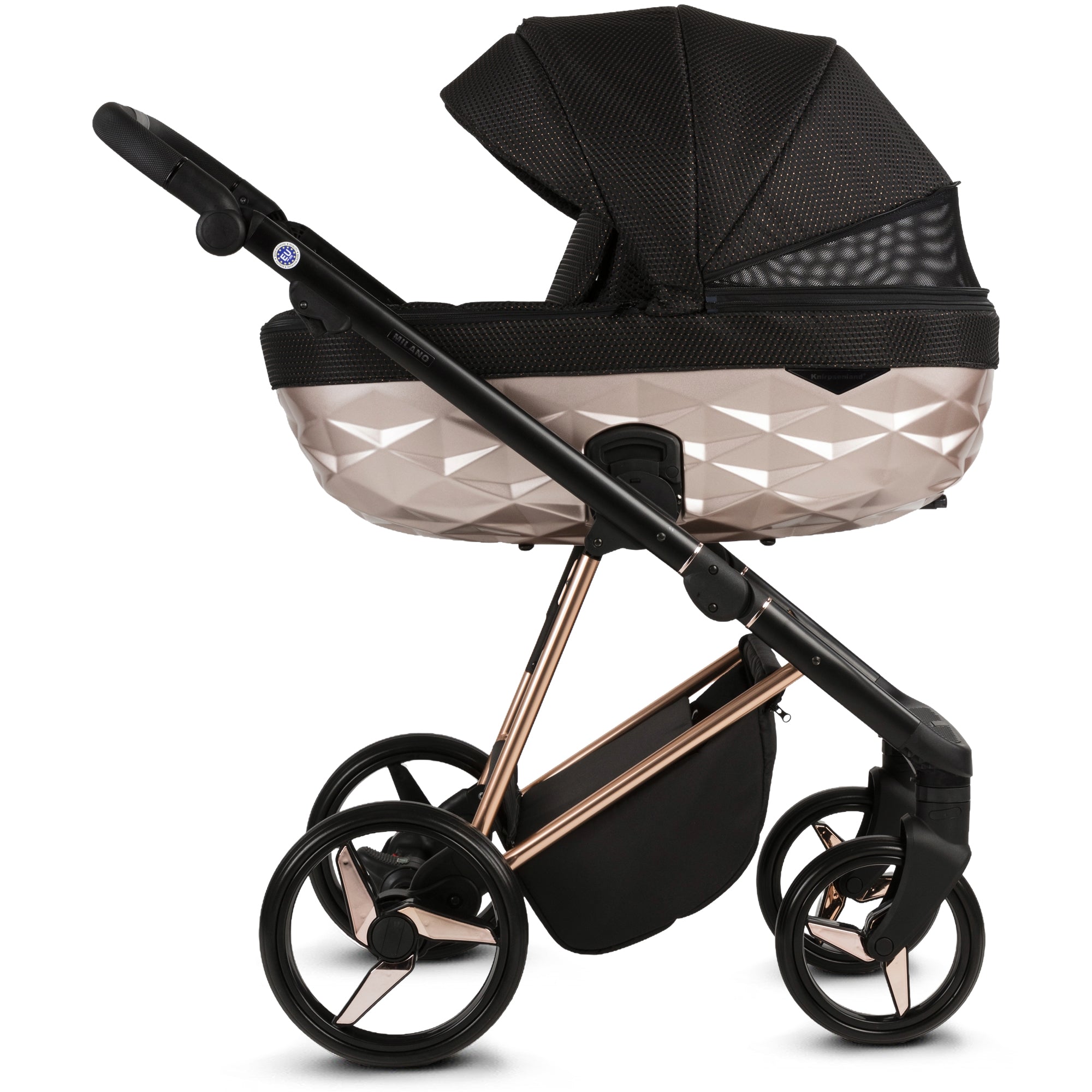 Luxus Kombi-Kinderwagen Milano Schwarz Roségold – Limited Edition mit Strukturstoff & 3D Lack-Wanne