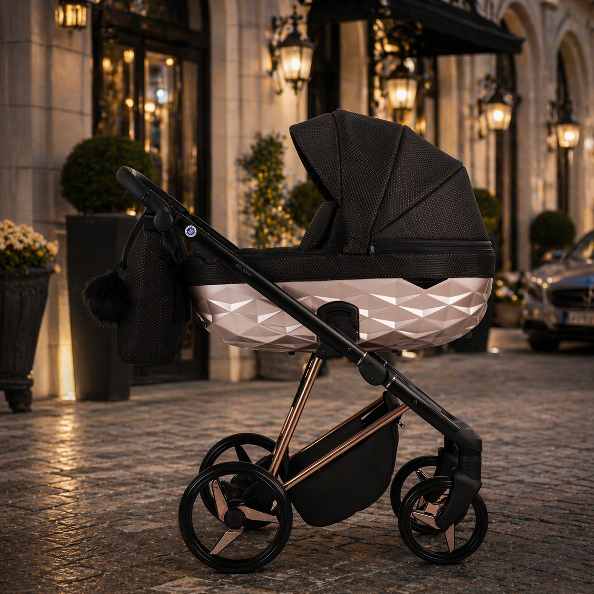 Luxus Kombi-Kinderwagen Milano Schwarz Roségold – Limited Edition mit Strukturstoff & 3D Lack-Wanne