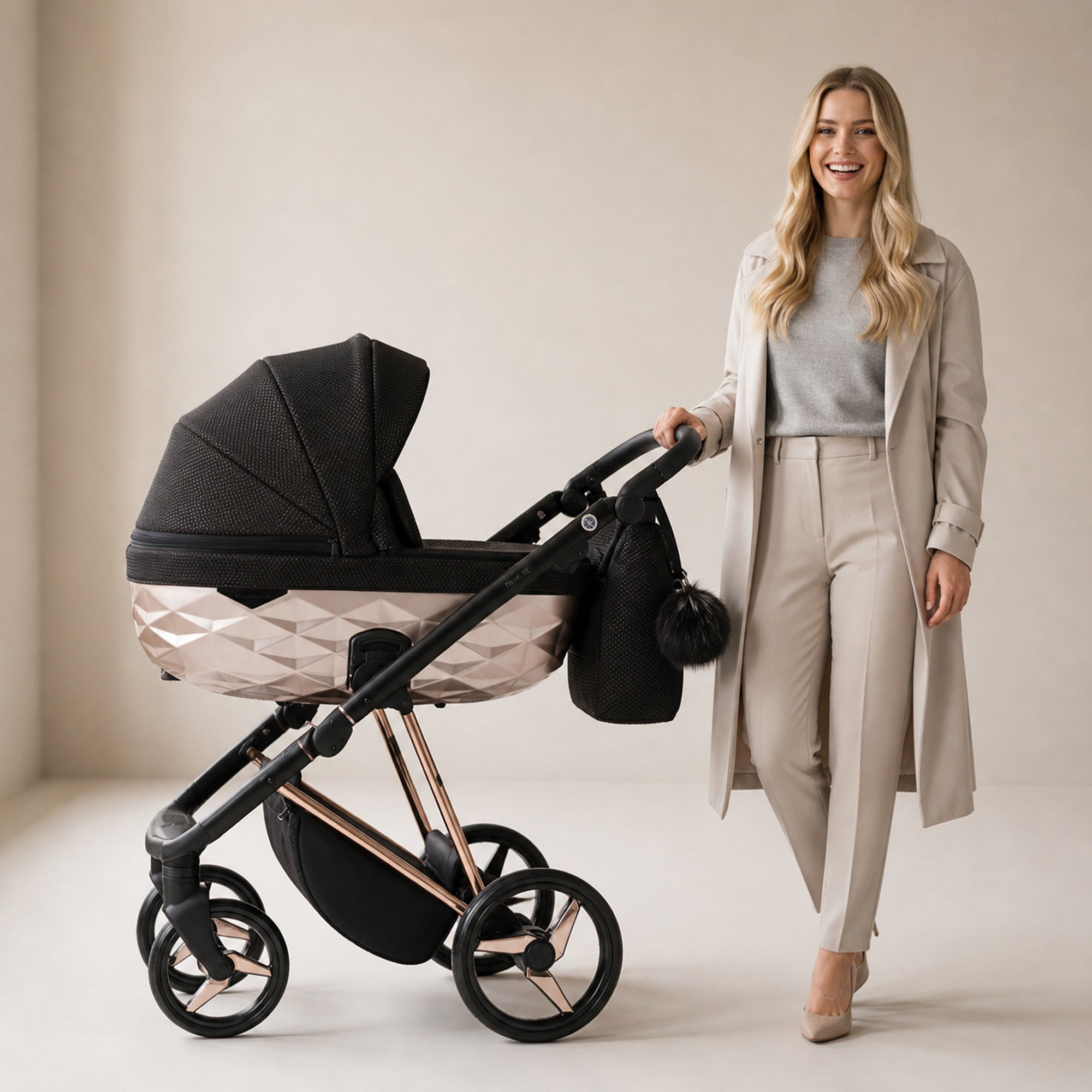 Luxus Kombi-Kinderwagen Milano Schwarz Roségold – Limited Edition mit Strukturstoff & 3D Lack-Wanne