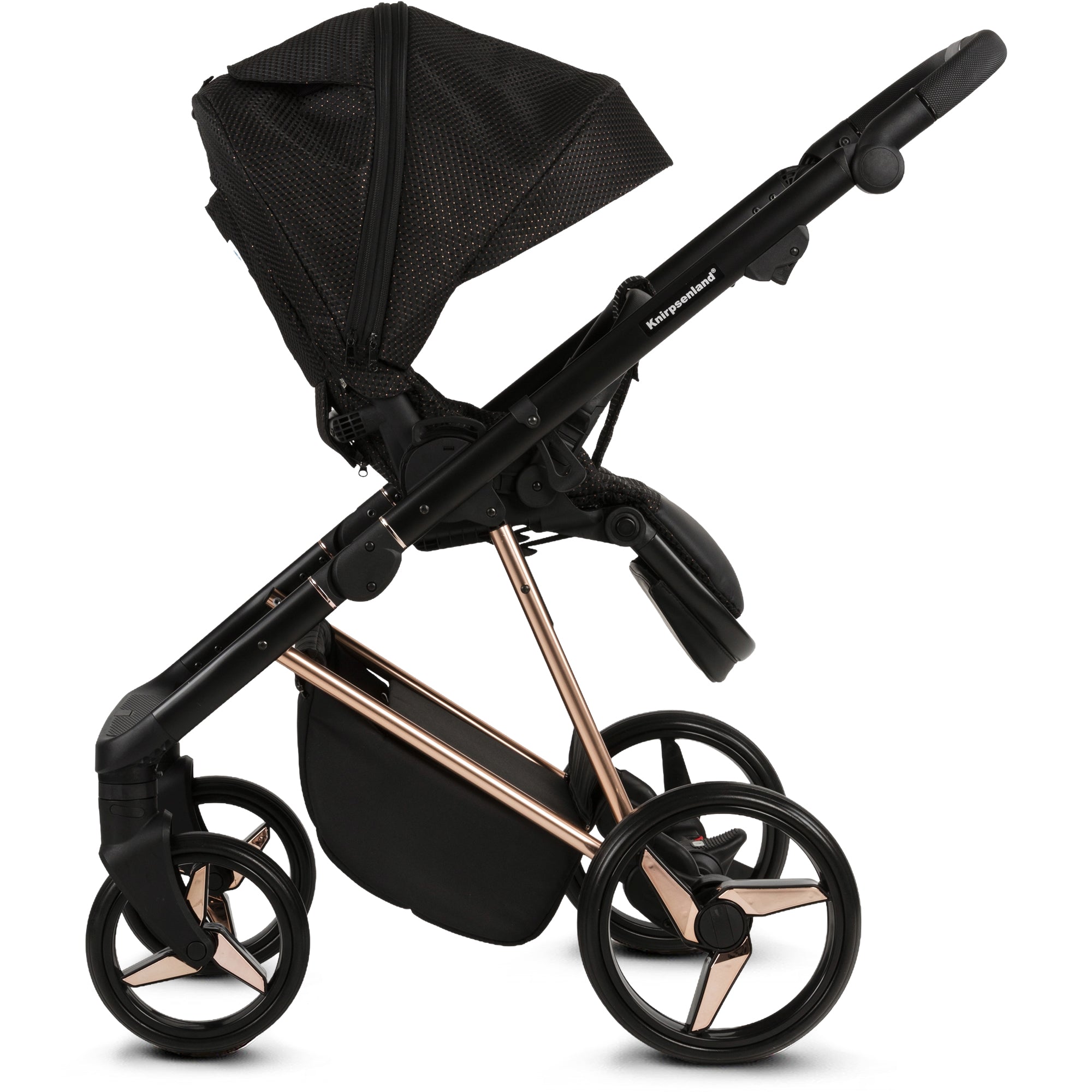 Luxus Kombi-Kinderwagen Milano Schwarz Roségold – Limited Edition mit Strukturstoff & 3D Lack-Wanne