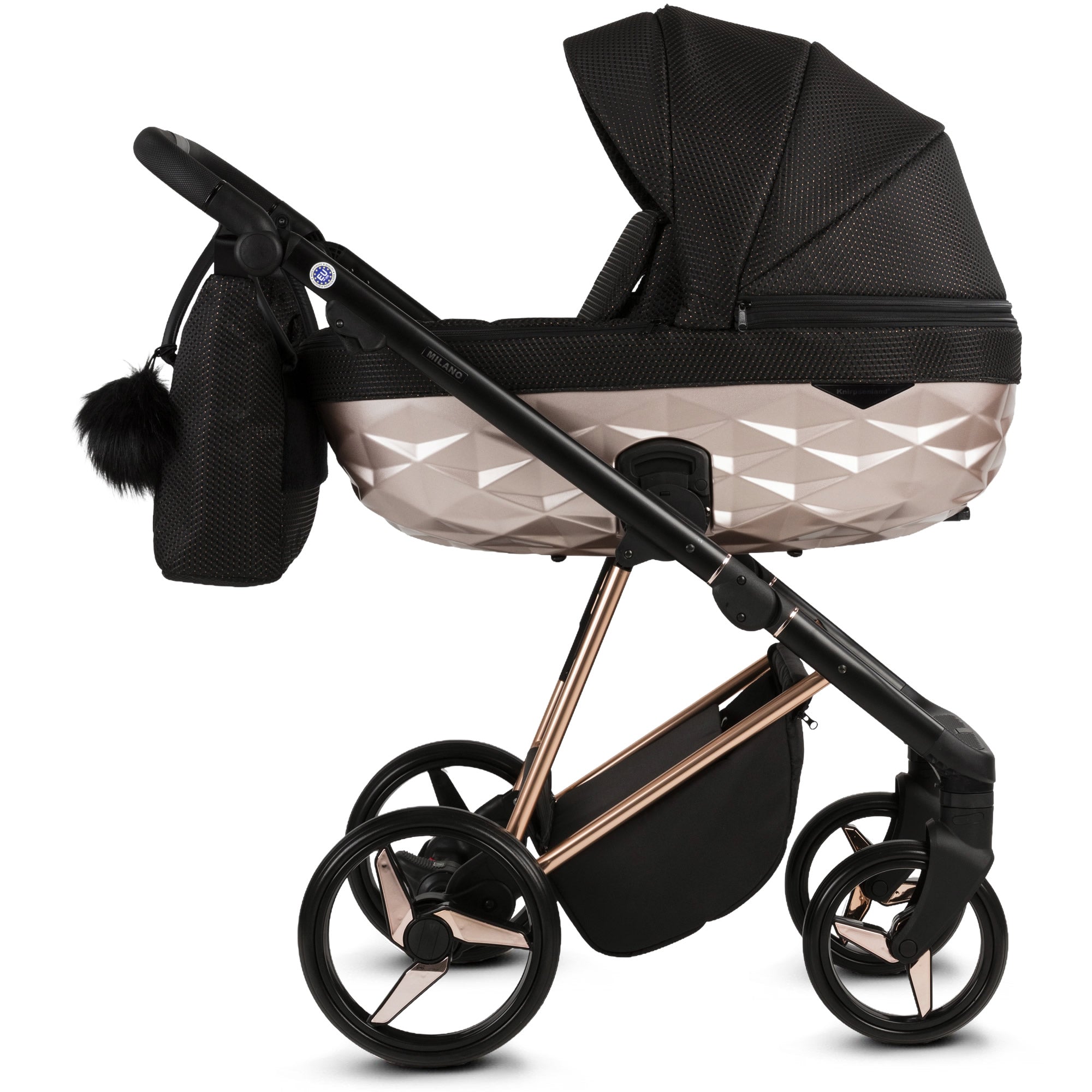 Luxus Kombi-Kinderwagen Milano Schwarz Roségold – Limited Edition mit Strukturstoff & 3D Lack-Wanne