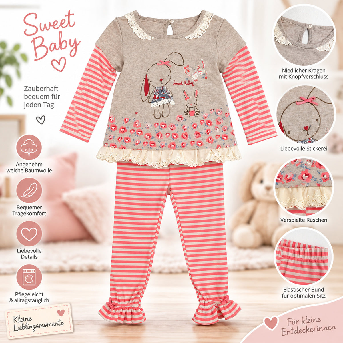 Mädchen Zweiteiler Hase Rosa – Baby Outfit aus Baumwolle