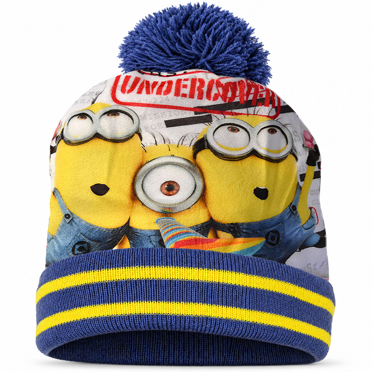 Minions Kinder Wintermütze mit Bommel – warm gefüttert, Gr. 52–54