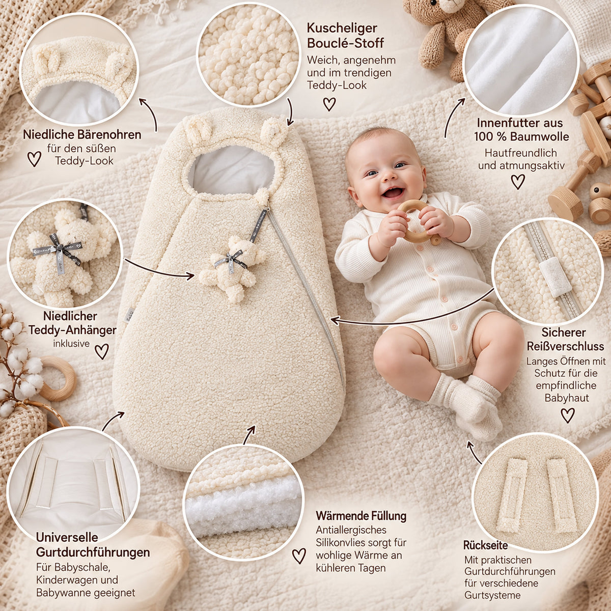 Knirpsenland MIU-MIO Teddy Baby Fußsack Beige – für Babyschale & Kinderwagen